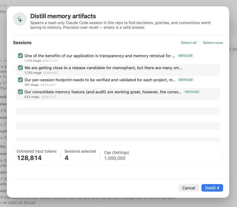 The Session Distill review stage — proposed memory candidates from a transcript, each with an approve checkbox and a token-cost summary.