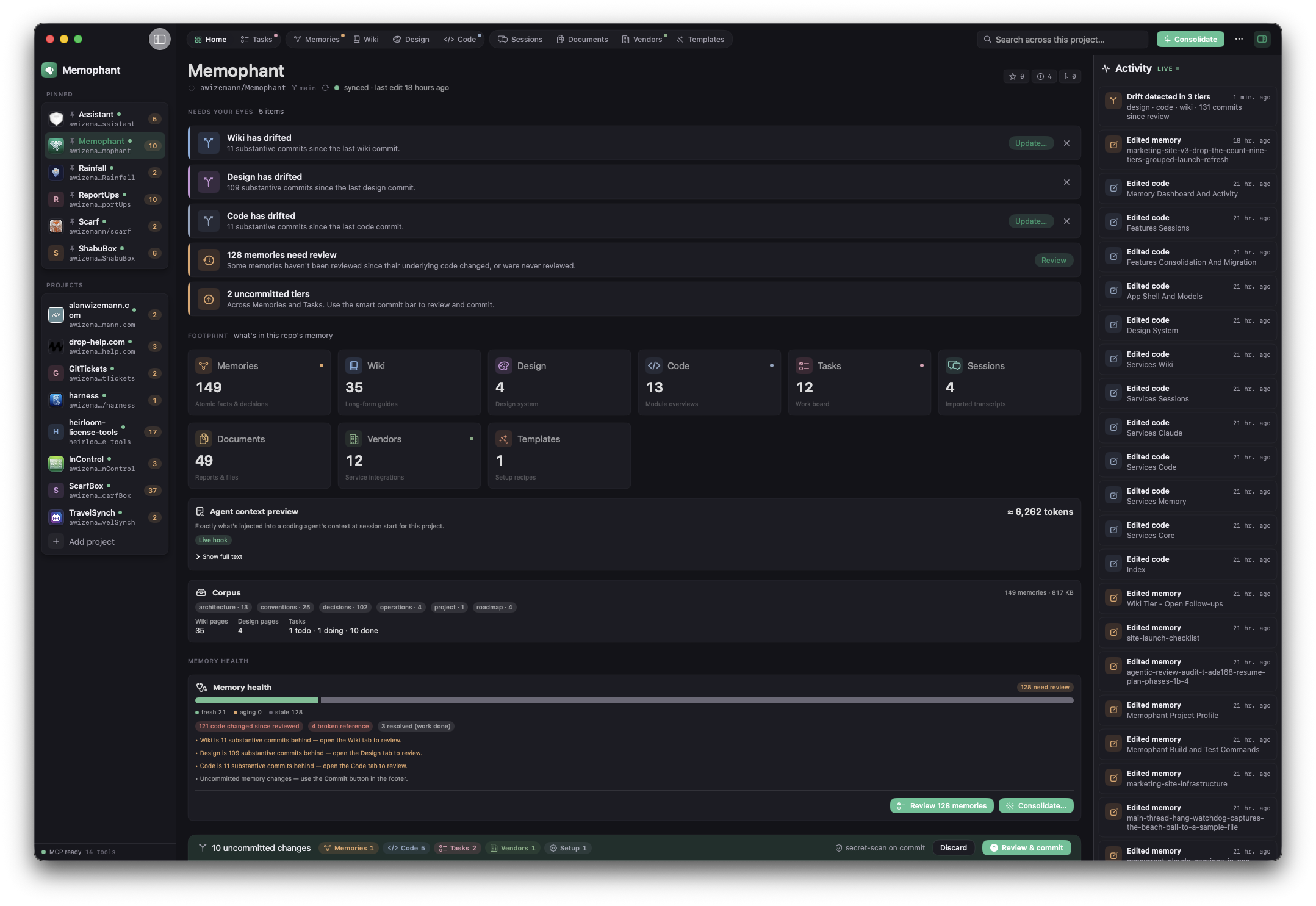 Memophant home dashboard — needs your eyes, footprint, memory health, and a live activity feed.
