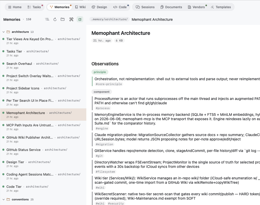 A Memories note open in the reader — plain markdown files living in your repo.