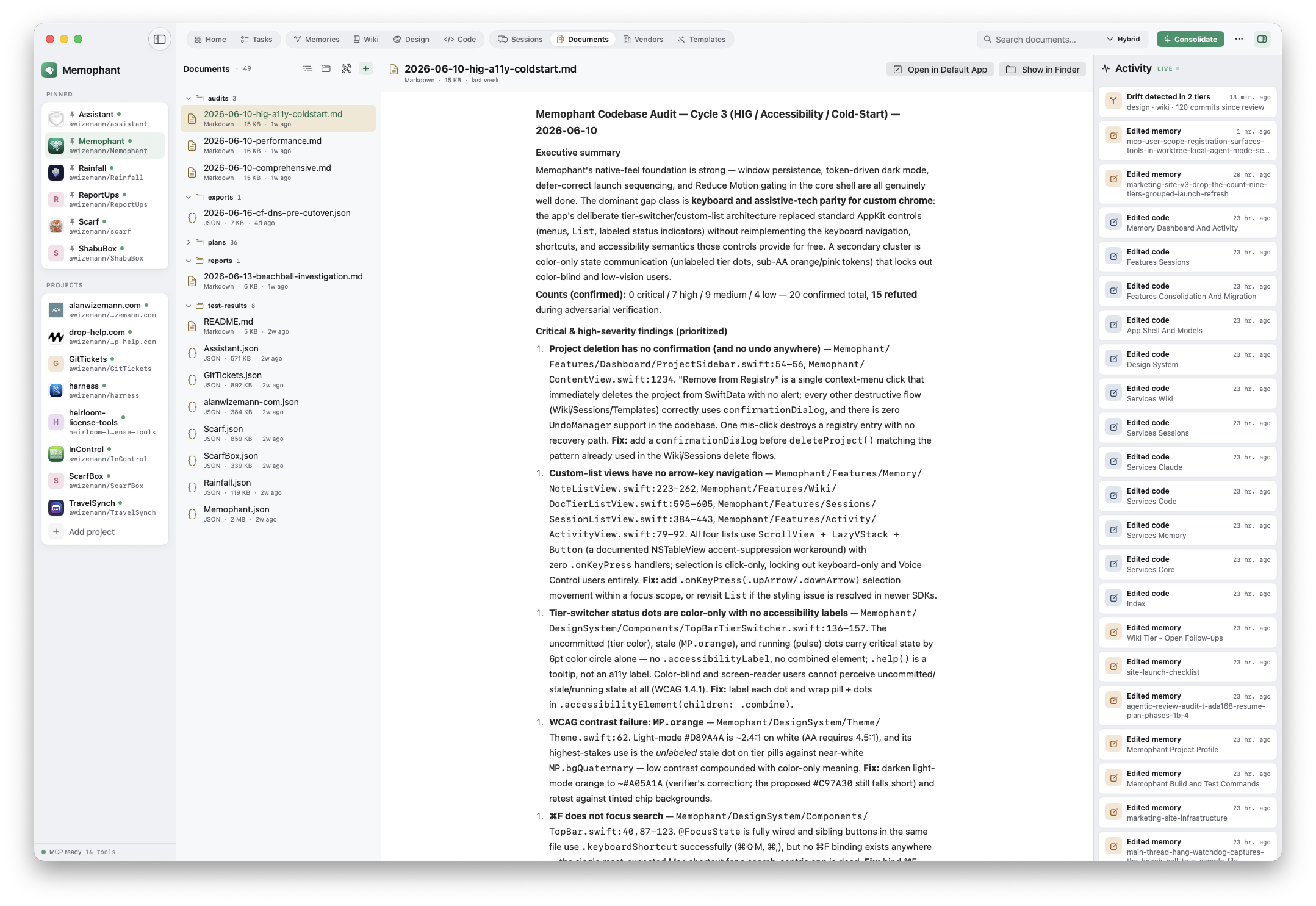 Documents tier — the nested-folder file store with a document rendered in the reader.