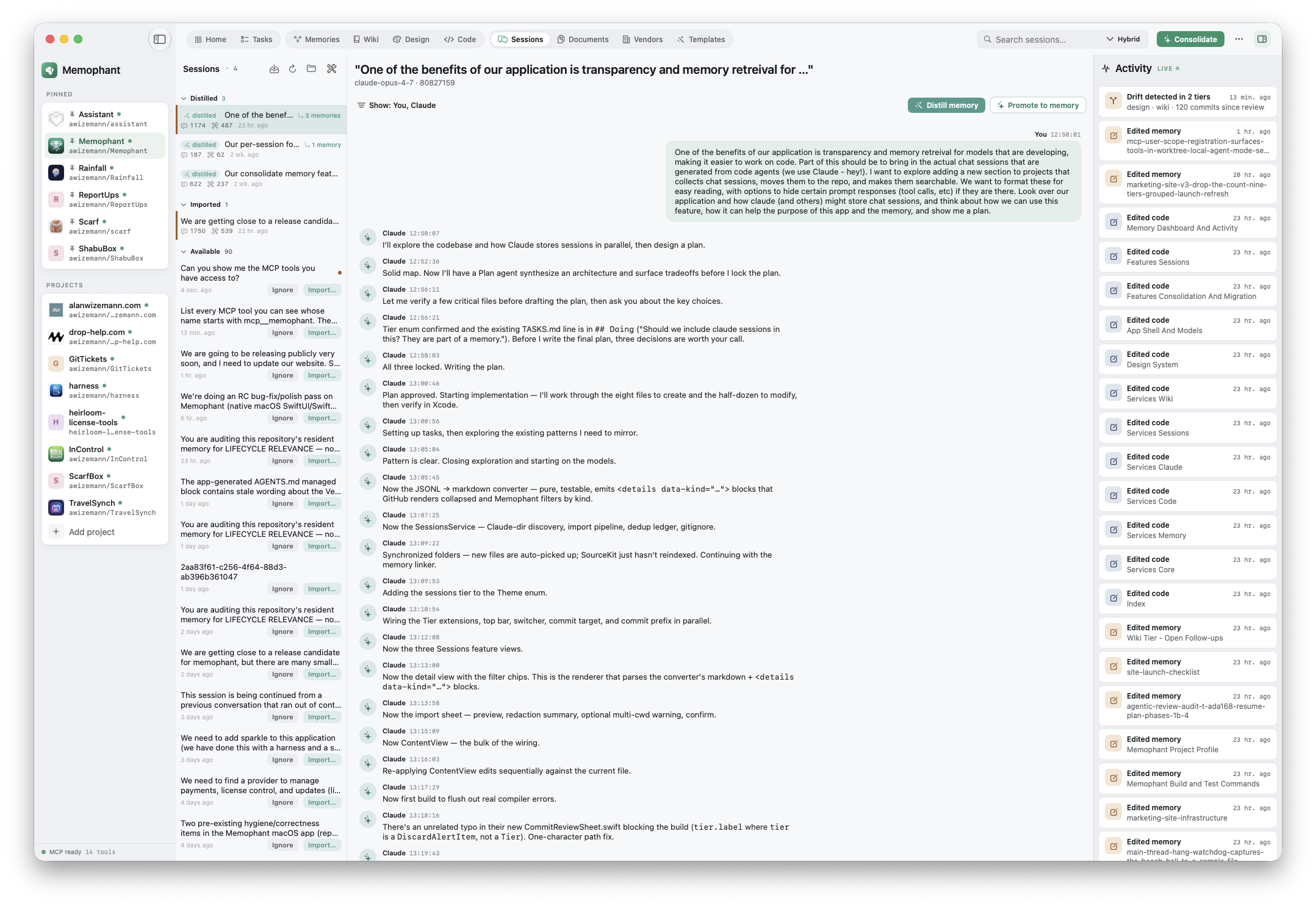 Sessions tier — imported coding-agent transcripts rendered as markdown in the repo.