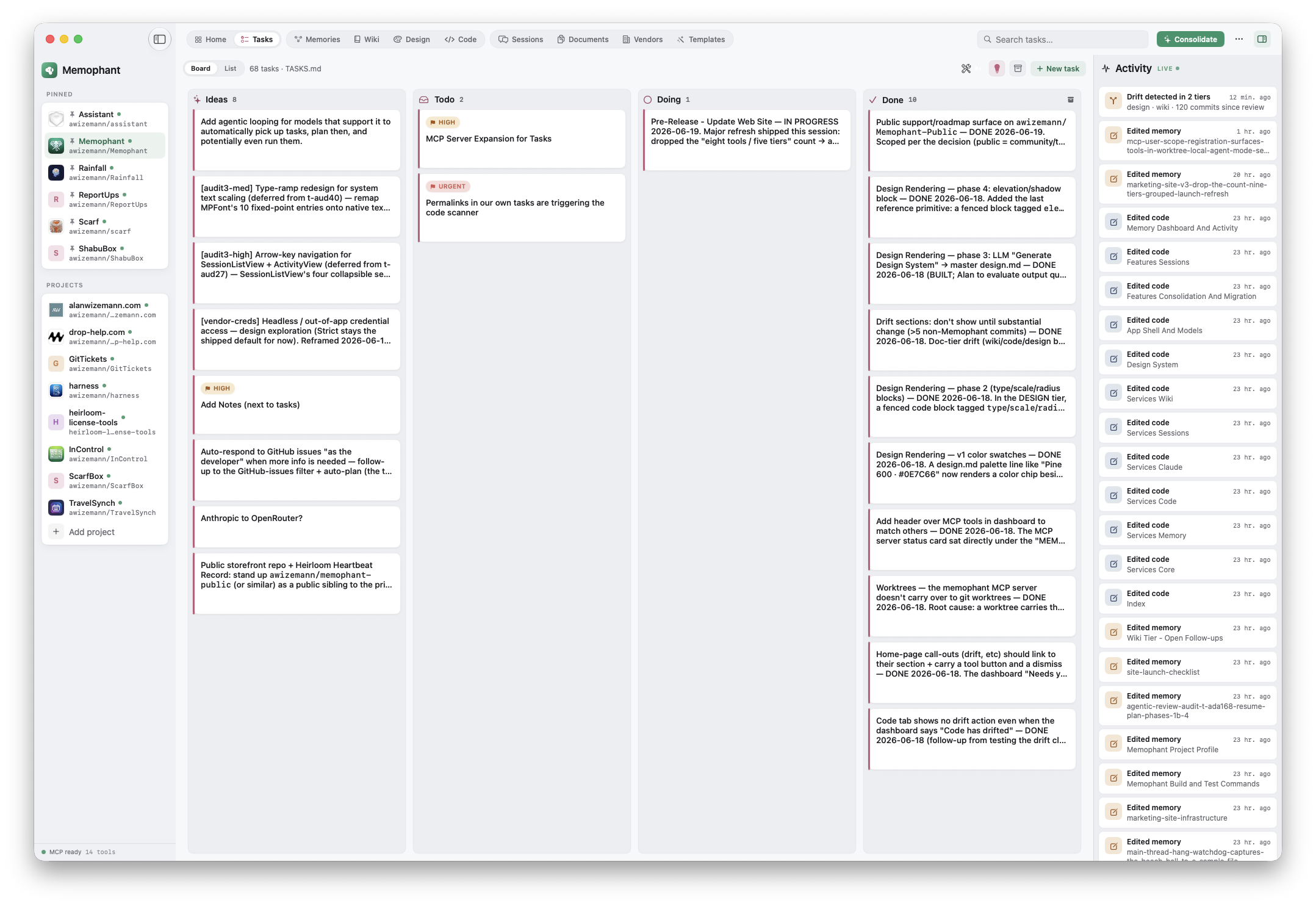 The Tasks kanban — Todo / Doing / Done columns with cards, a running pulse on one card, and the inline plan/run actions.