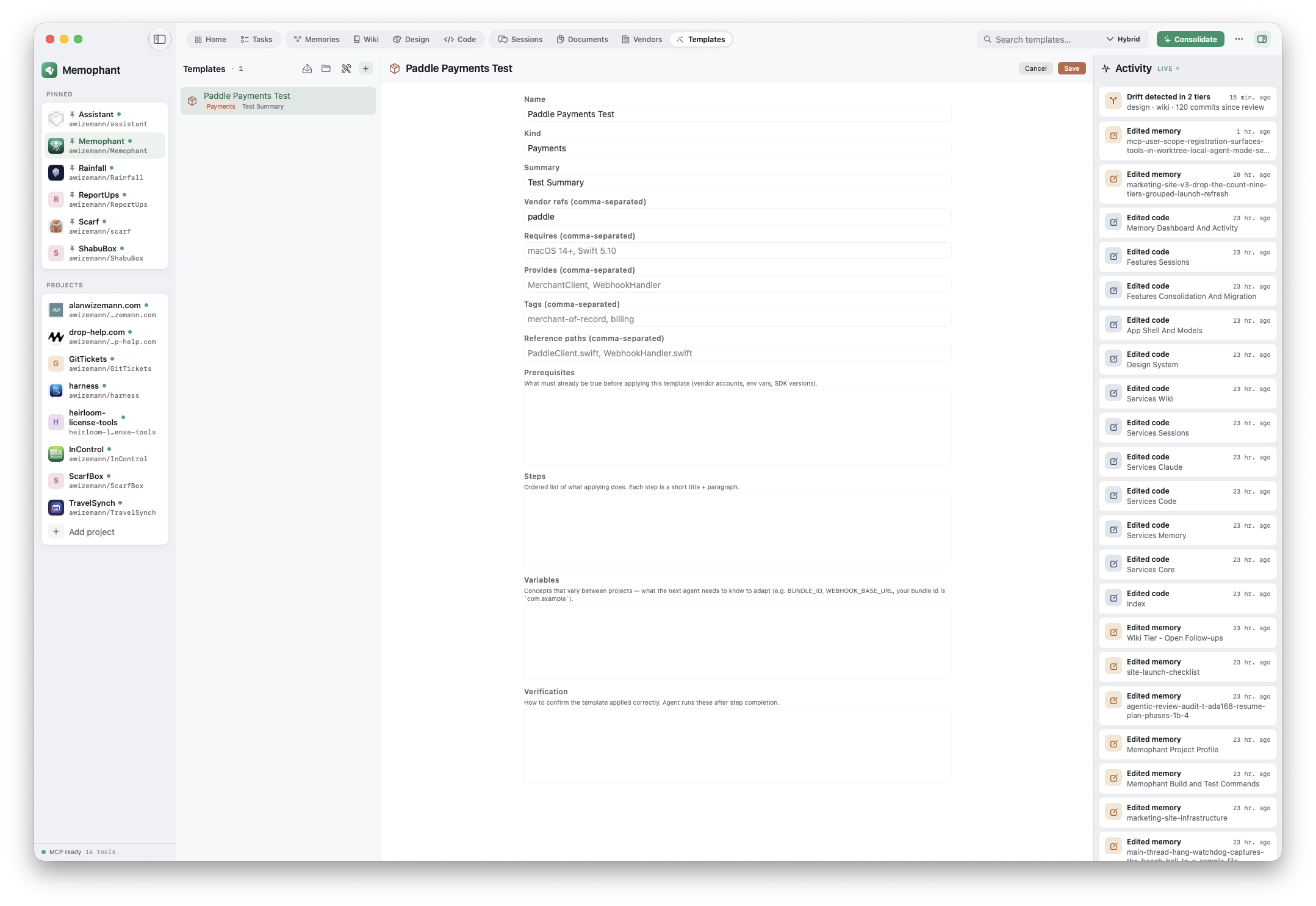 Templates tier — a template with prerequisites, steps, variables, and verification fields.