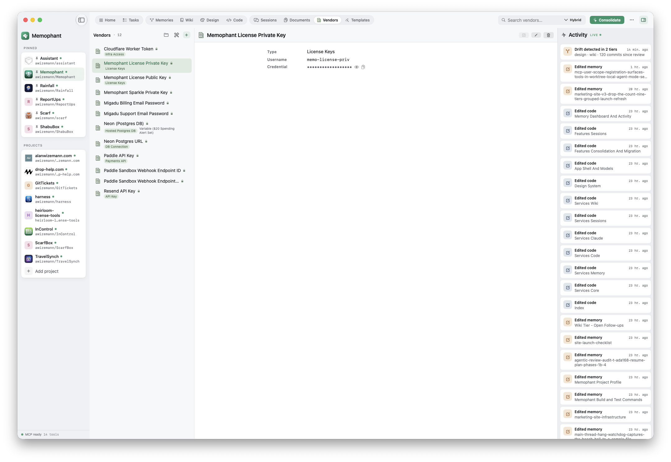 Vendors tier — a credential record; the secret is masked and stored in iCloud Keychain, never the file.
