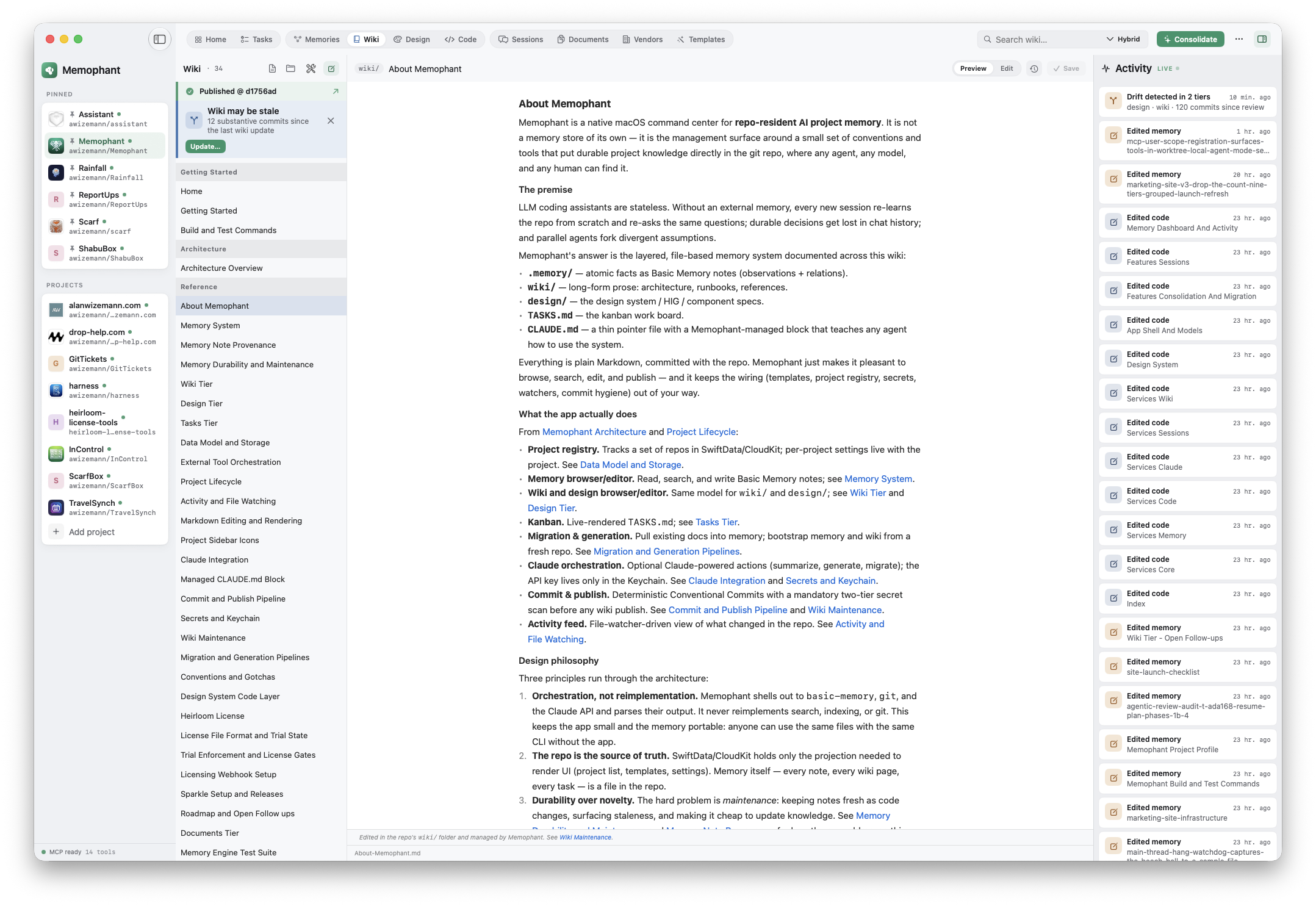 Wiki tier — a page open in the reader with the sidebar nav and a breadcrumb.