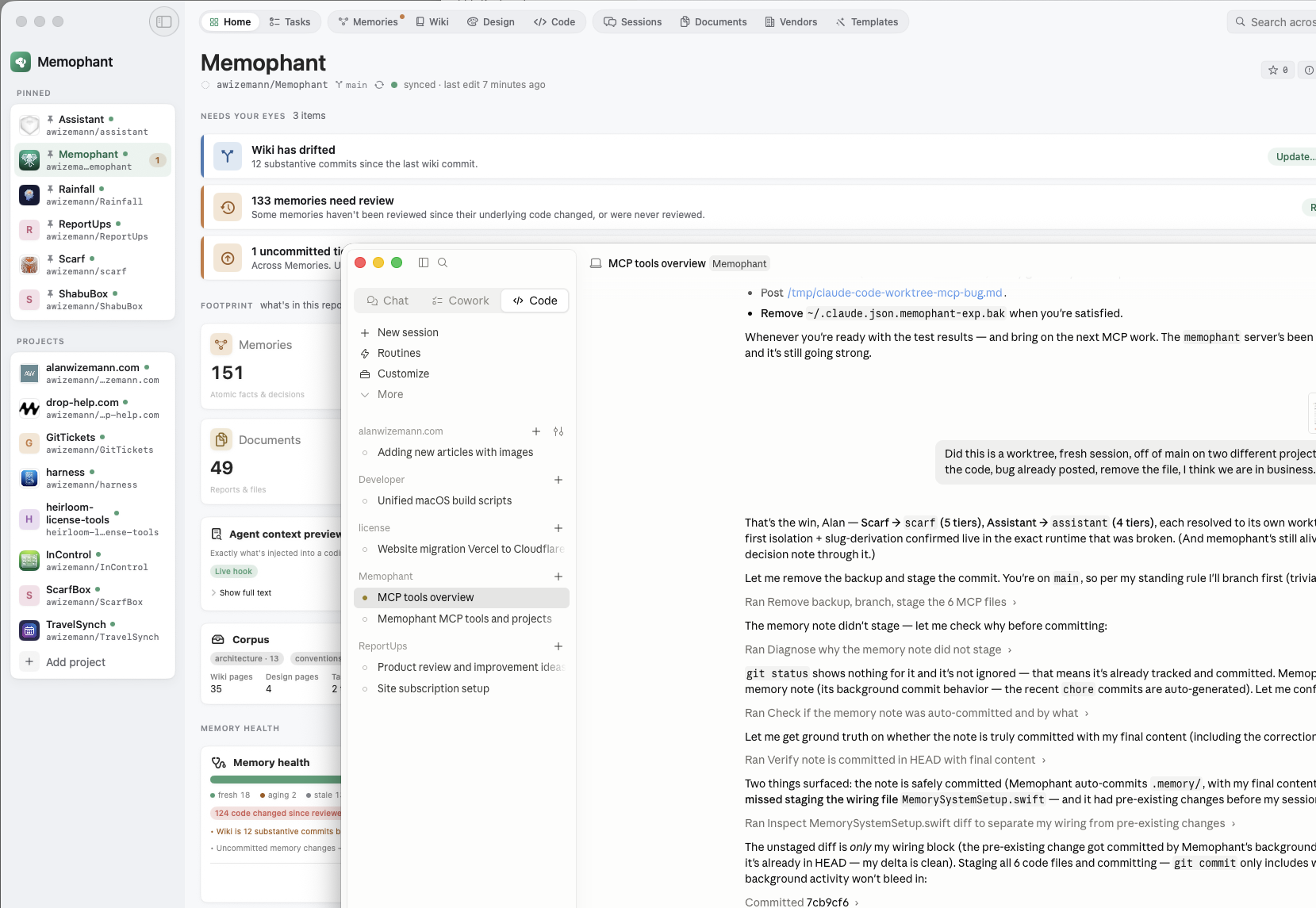 A Memophant project open beside an editor, the agent reading memory at session start.