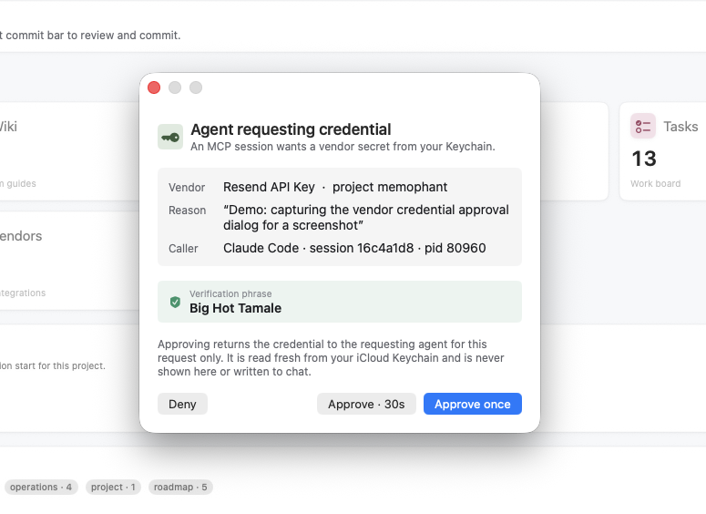 The vendor credential approval prompt an agent triggers via get_vendor_credential — vendor, calling session, reason, verification-phrase strip, and Approve / Deny.